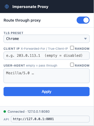impersonate-proxy Chrome extension popup showing proxy toggle, TLS preset selector, and Apply button